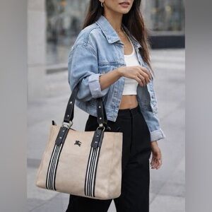 Burberry Beige Canvas Tote with Black Striped Trim
